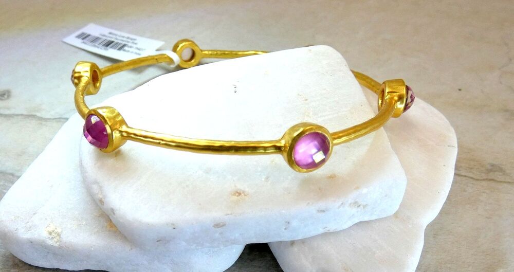 Julie Vos Bangle Iridescent Pink Tourmaline 24k Gold Plated NWT
